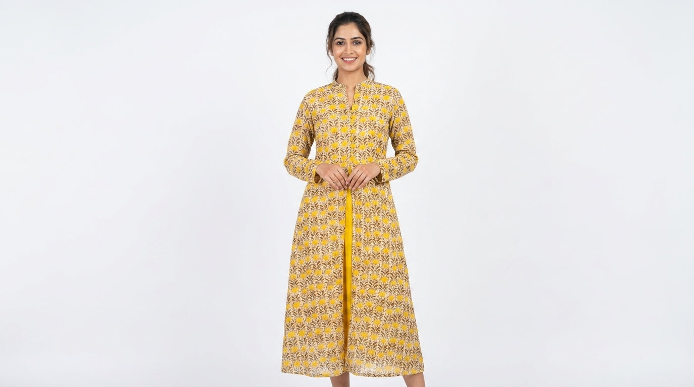 Women's Yellow Floral Printed Cotton Kurti