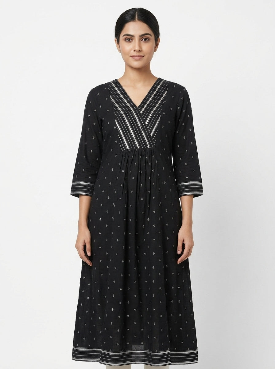 Women's Black Viscose Ethnic Printed Flared Kurti