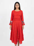 Red Flared Dress with Embellished Sleeves