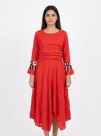 Red Flared Dress with Embellished Sleeves
