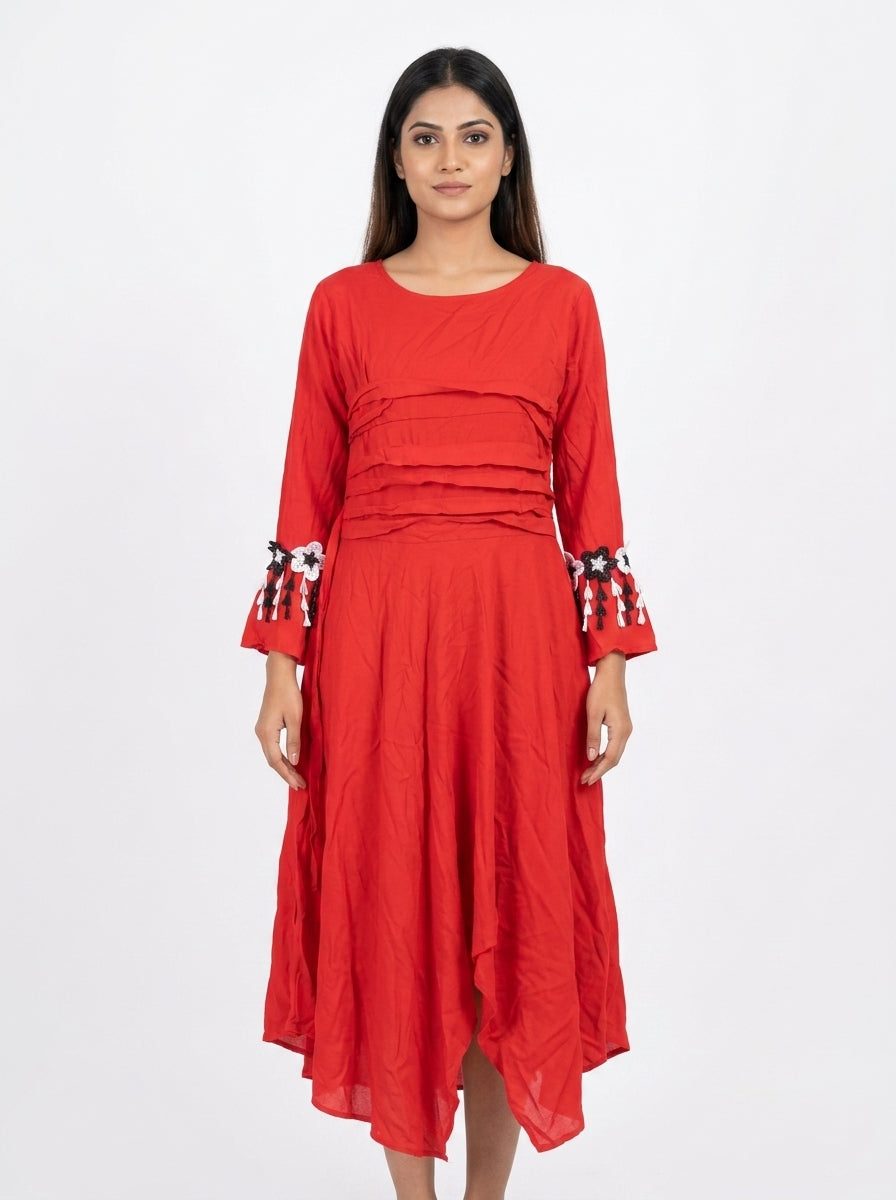 Red Flared Dress with Embellished Sleeves