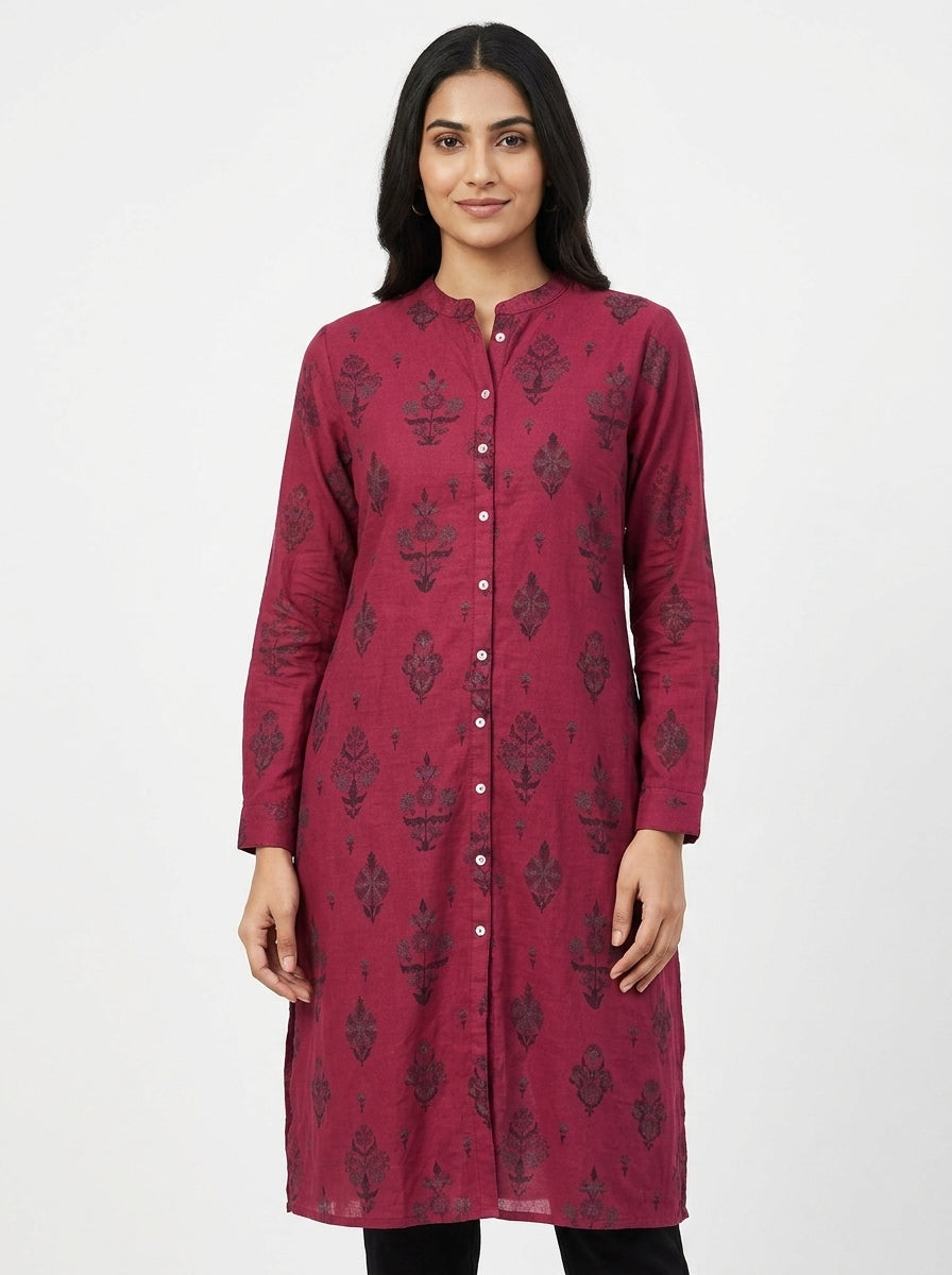 Women's Wine Ethnic Printed Long Kurti