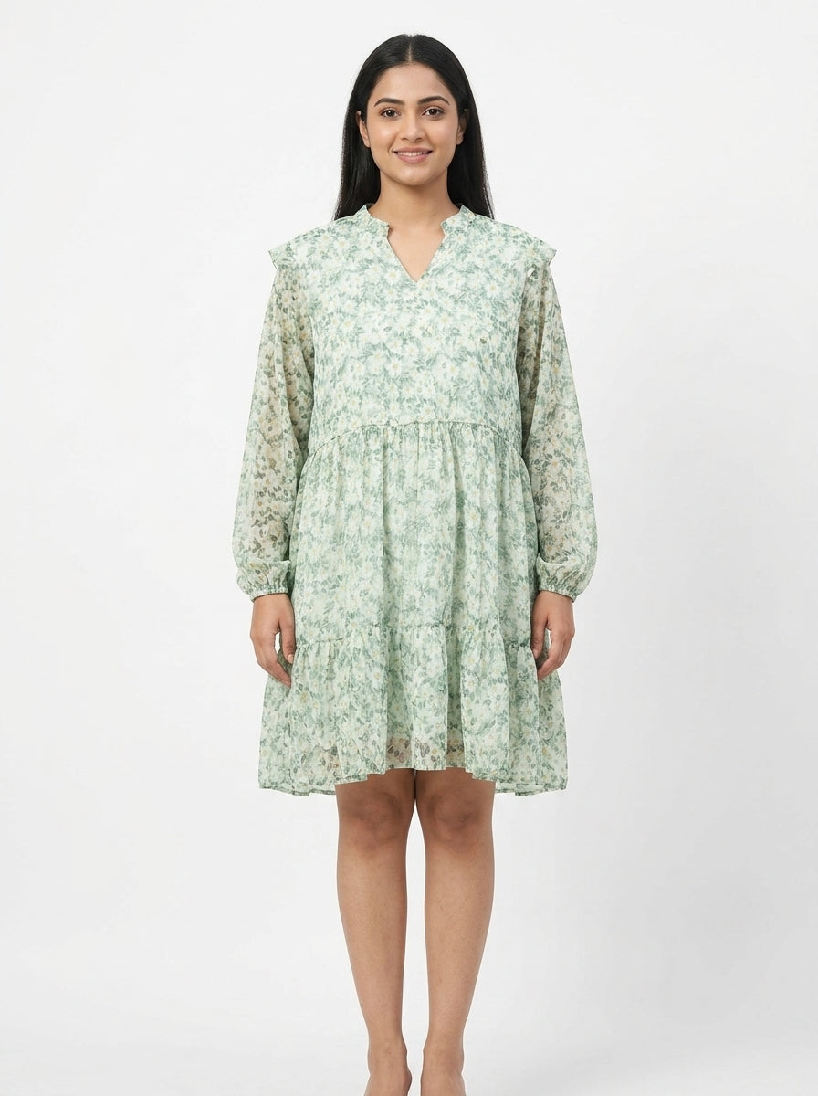 Light Green Floral Printed Relaxed Fit Tiered Dress