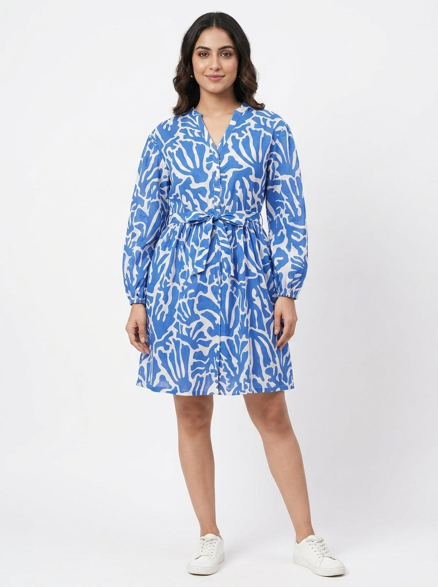 Blue Abstract Print V-Neck Relaxed Fit Dress