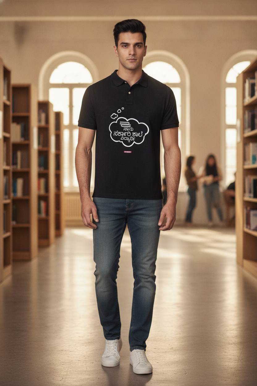 Save Govt. Schools Movement Tee - Styched in India Graphic Polo T-Shirt Black Color