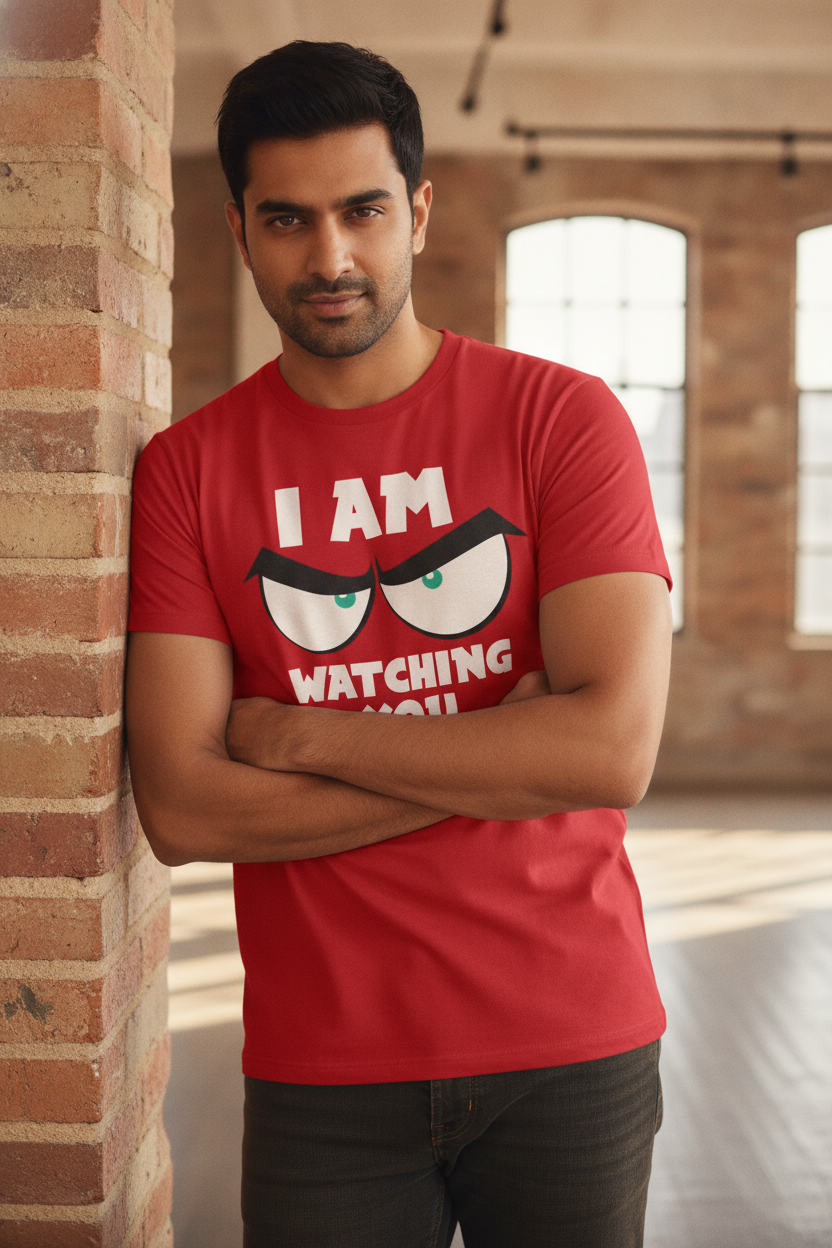 Angry eyes telling us that Big Brother is watching - Quirky Graphic T-Shirt Blue Color