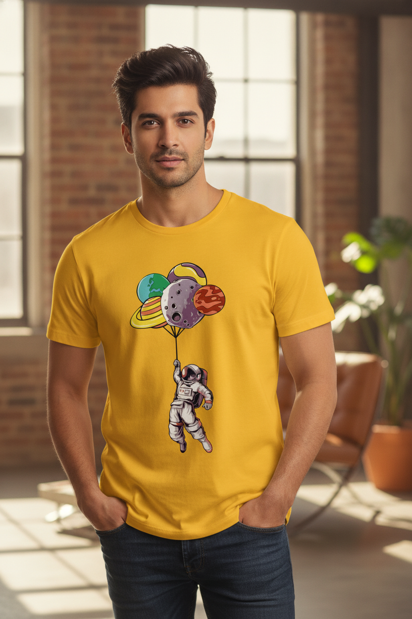 Astronaut And Planets Graphic Printed Yellow Tshirt