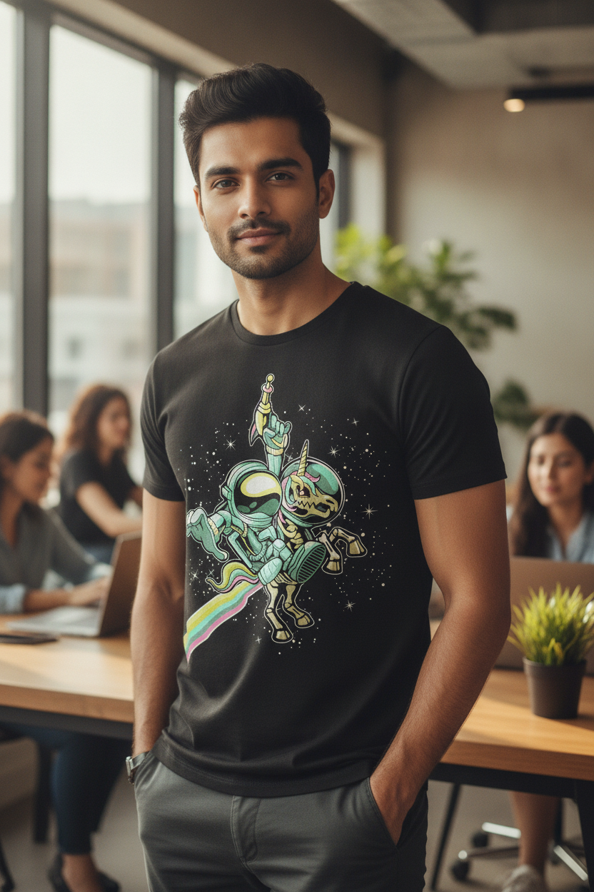 Astronaut And Unicorn Graphic Printed Black Tshirt
