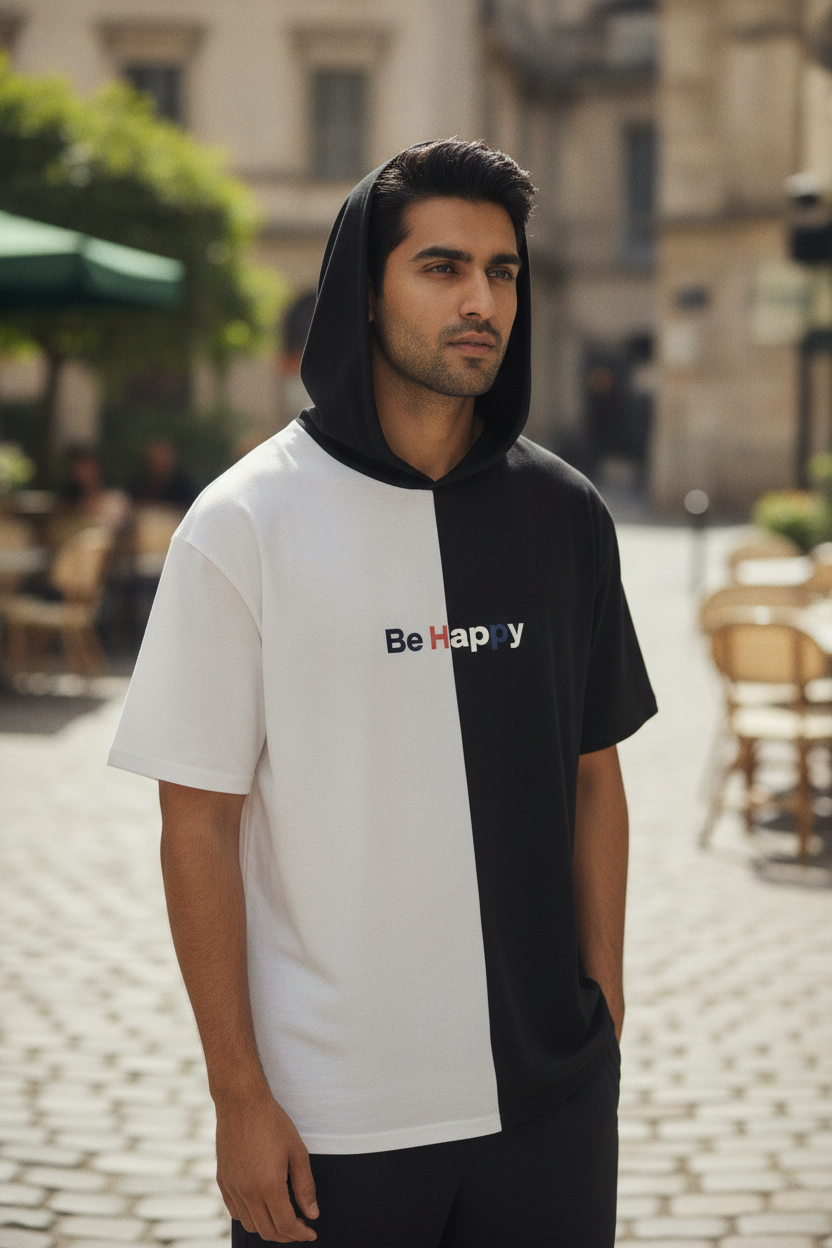 Be Happy B/W Printed Colour Blocking T-Shirt