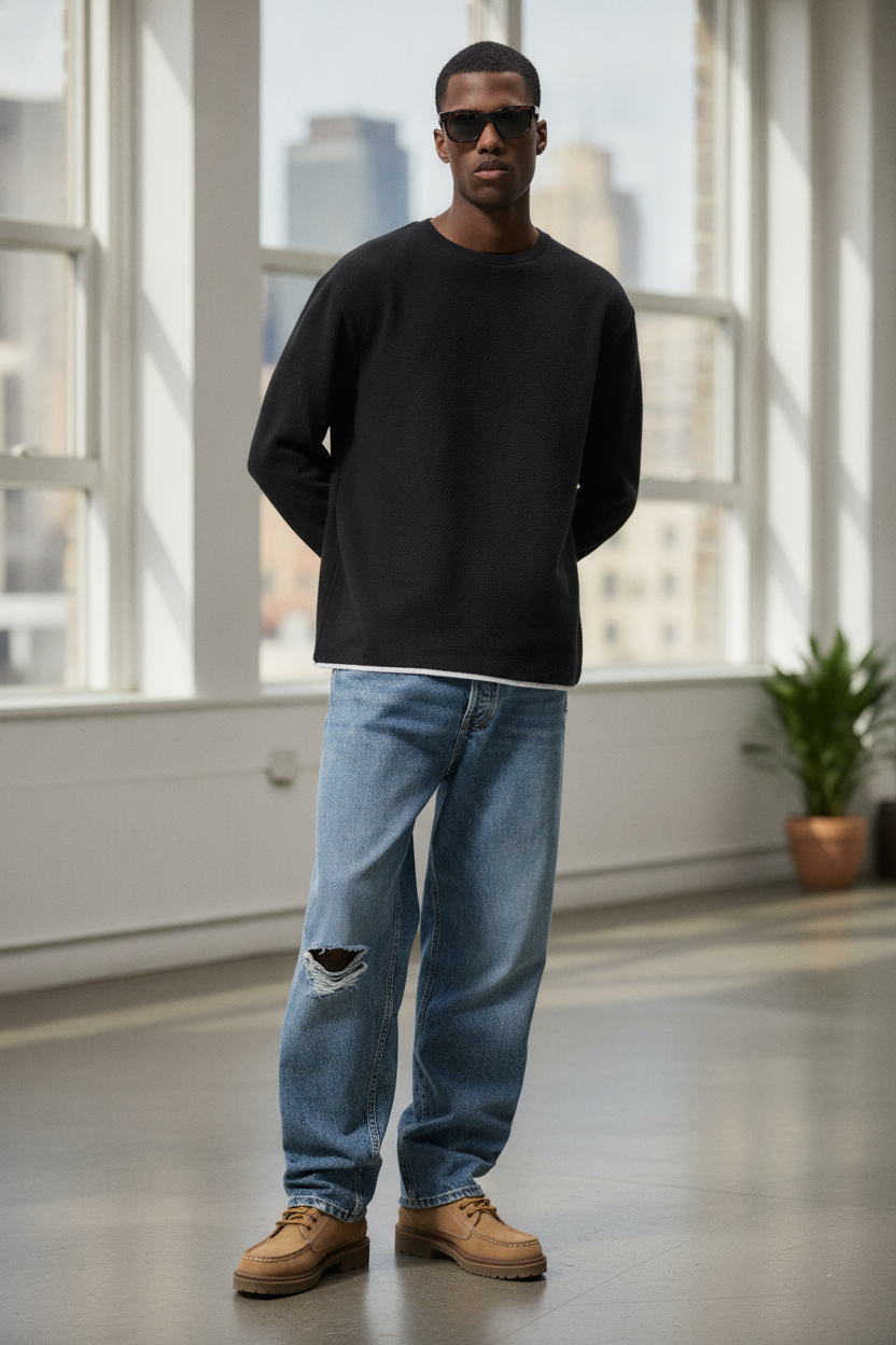 Black Knitted Full Sleeve T Shirt