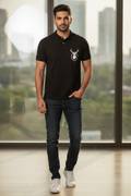 Black Premium Polo T-Shirt with Deer Minimal Silhouette Graphics on Pocket Printed