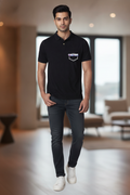 Black Premium Polo T-Shirt with Fashion Culture Retro Typographic Pocket Print