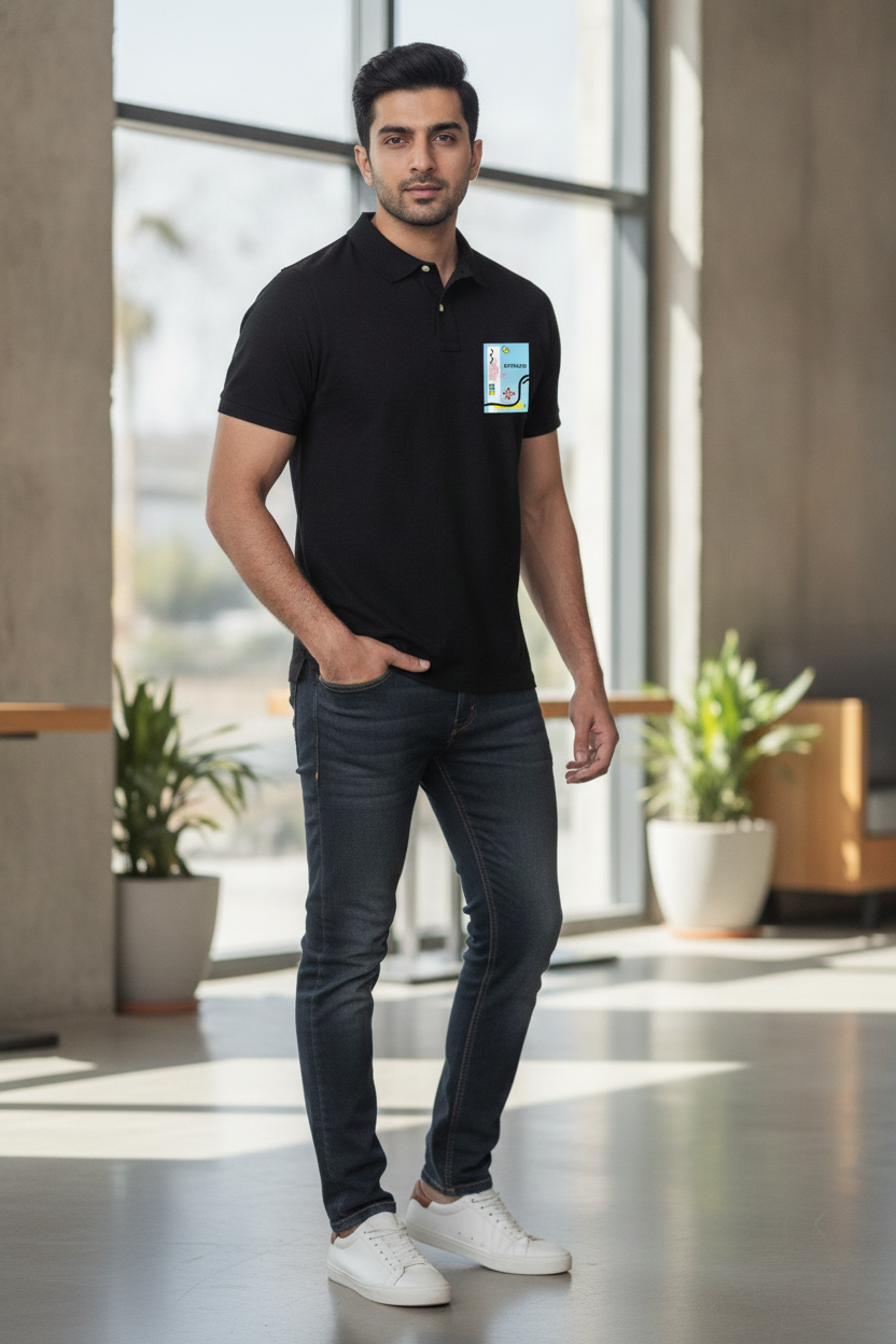 Black Premium Polo T-Shirt with Memphis Flow Style Pocket Print