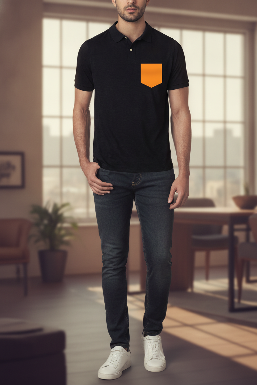 Black Premium Polo T-Shirt with Orange Pocket Patch Graphics Printed on Chest