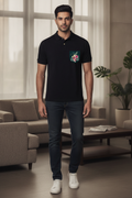 Black Premium Polo T-Shirt with Tropical Grunge Graphics on Pocket Printed