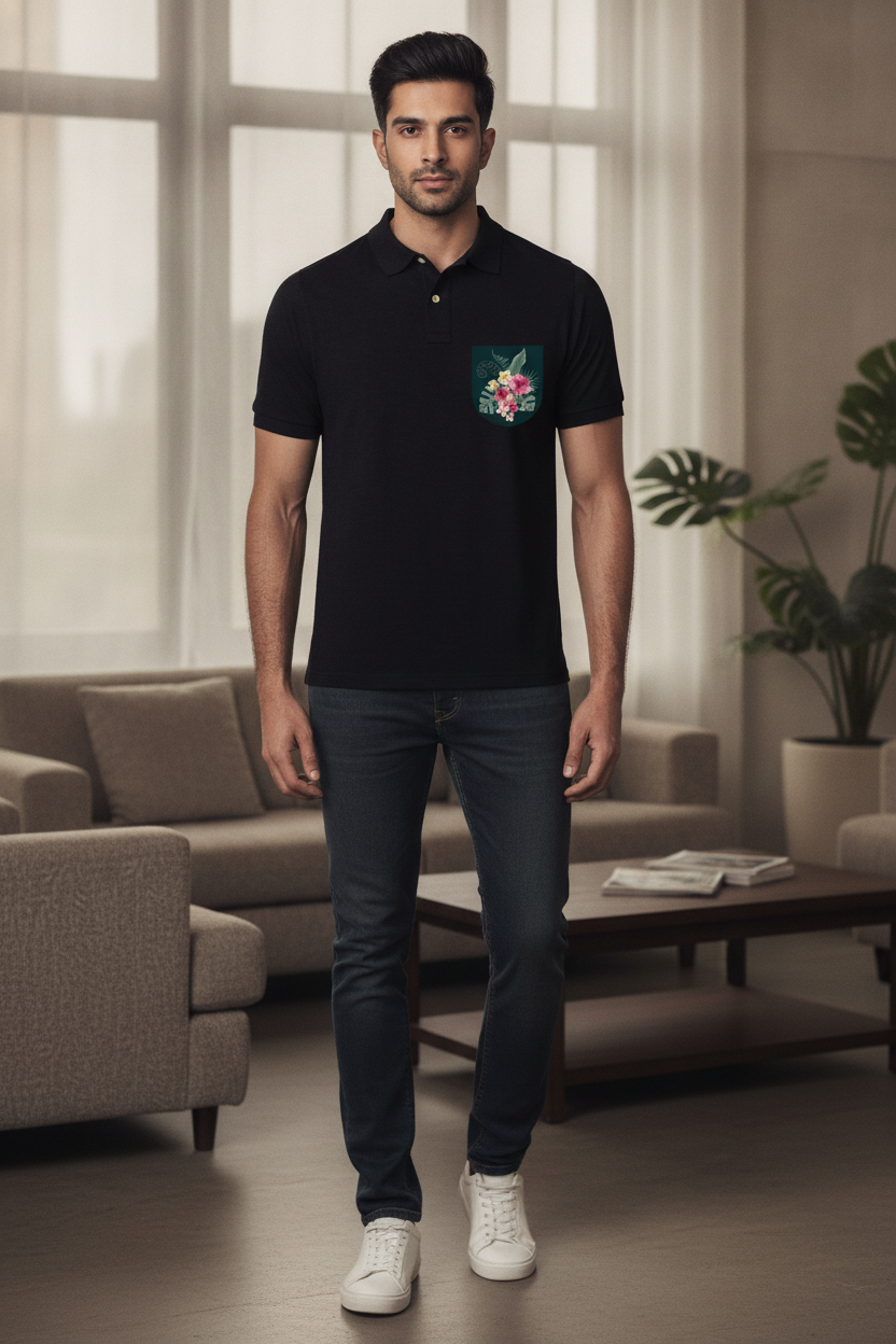 Black Premium Polo T-Shirt with Tropical Grunge Graphics on Pocket Printed