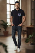 Black Premium Polo T-Shirt with Tropical Savannah Graphics on Pocket Printed
