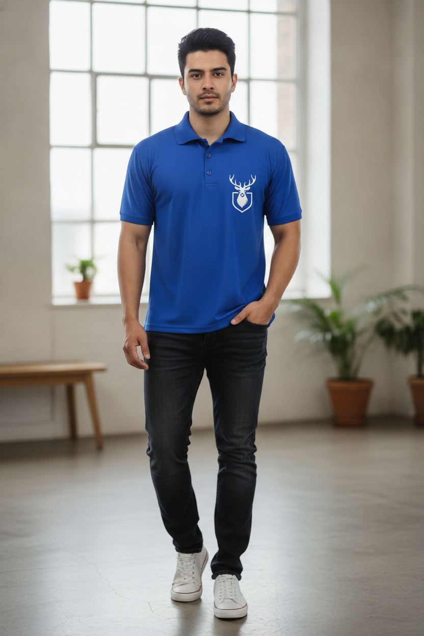 Blue Premium Polo T-Shirt with Deer Minimal Silhouette Graphics on Pocket Printed