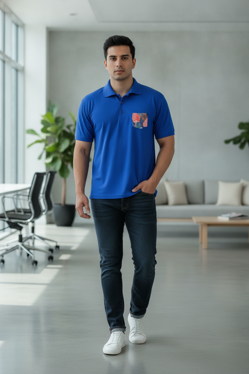 Blue Premium Polo T-Shirt with Tropical blockart Graphics on Pocket Printed