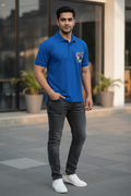 Blue Premium Polo T-Shirt with Tropical Savannah Graphics on Pocket Printed