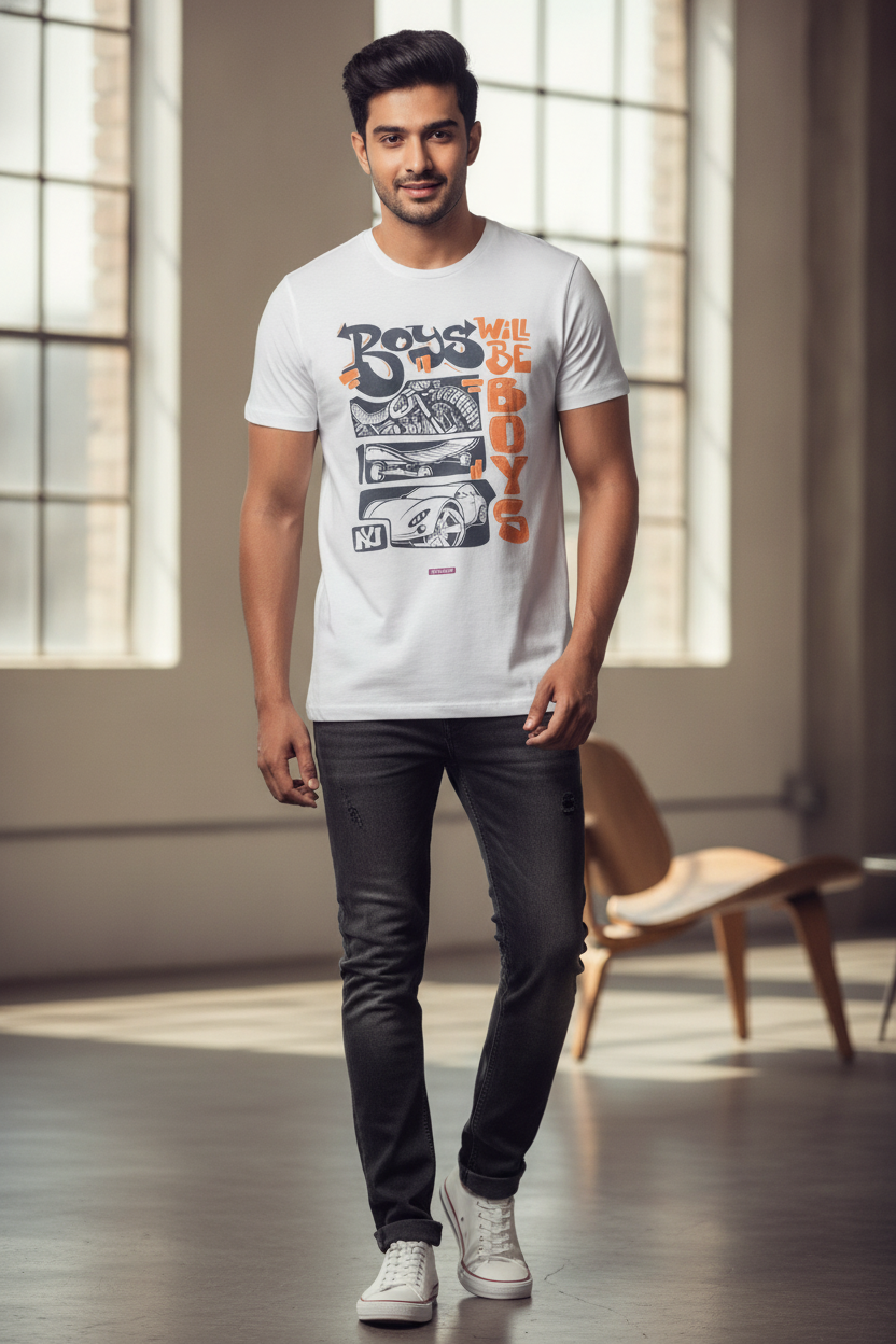 Boys will be Boys - Graffiti style printed casual white round neck tshirt