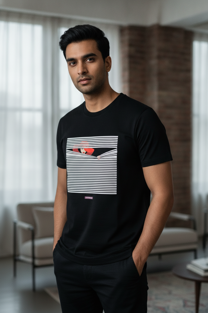 Casual Black T-Shirt - Optical Illusion Peeping Lady - Striped Tee