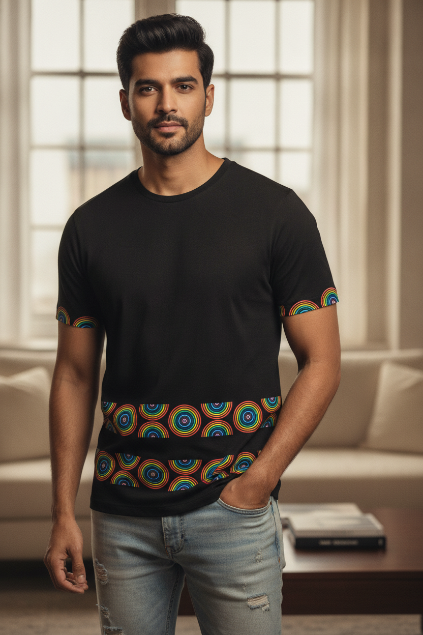 Color Circle Graphic Printed Black Tshirt