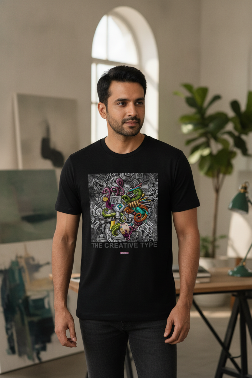 Creative Type - Block printed creative art round neck black tshirt