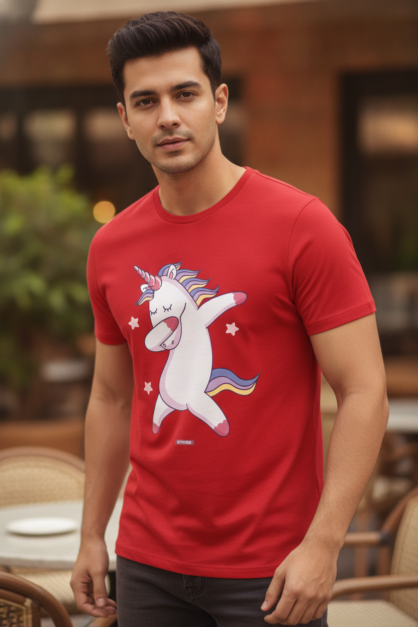 Cute Unicorn doing a dab dance - Quirky Graphic T-Shirt Red Color