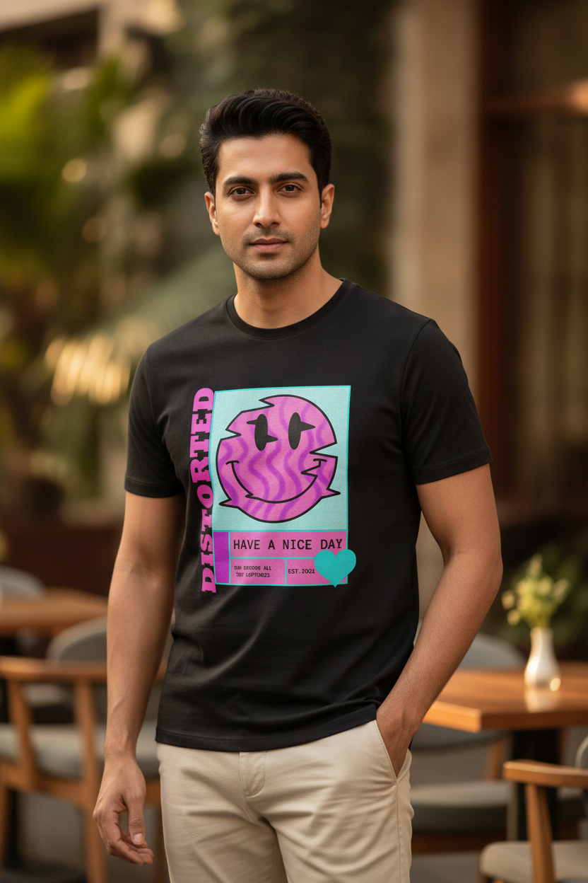 Distorted Graphic Printed Black Tshirt