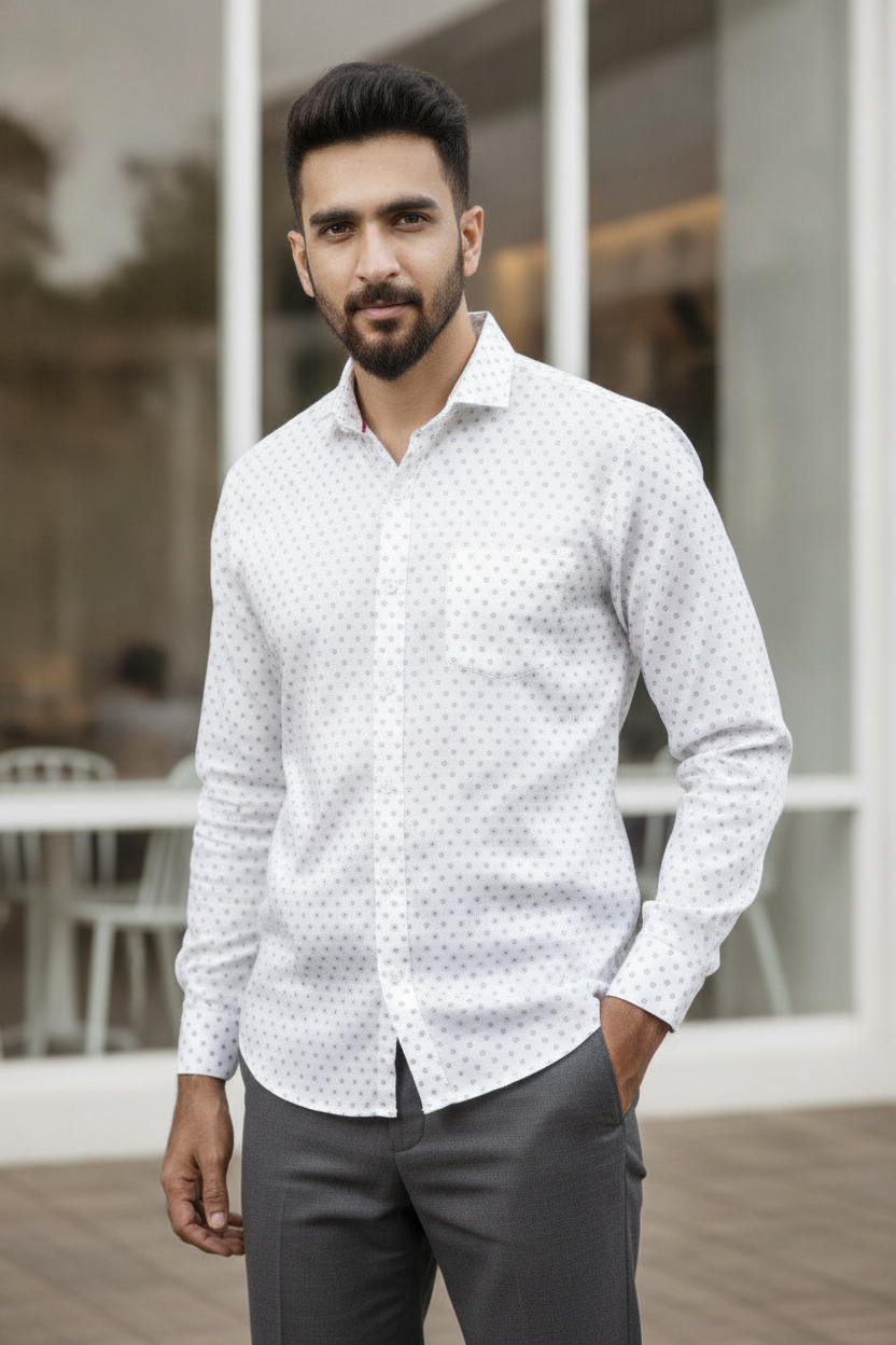Ditsy Print White Slim Fit Shirt