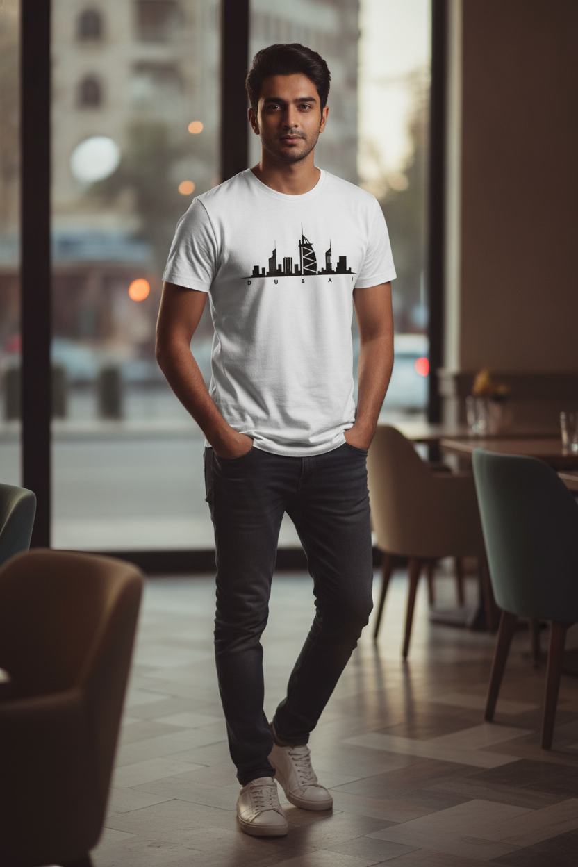 Dubai Skyline Graphic Printed White Tshirt