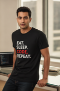 Eat Sleep Code Repeat - Casual Black Round Neck Cotton TShirt for Coders