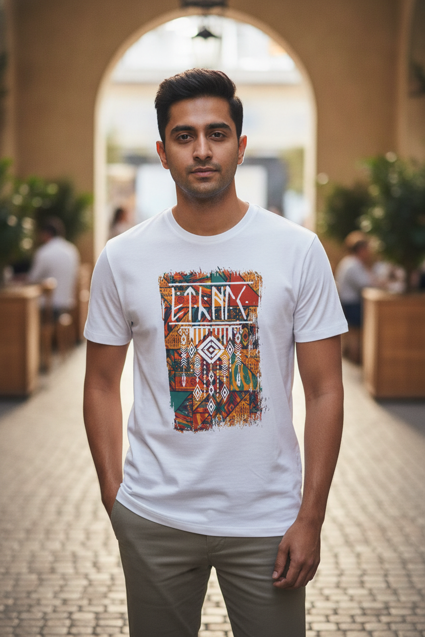 Ethnic Script and Inscriptions White Printed T-Shirt
