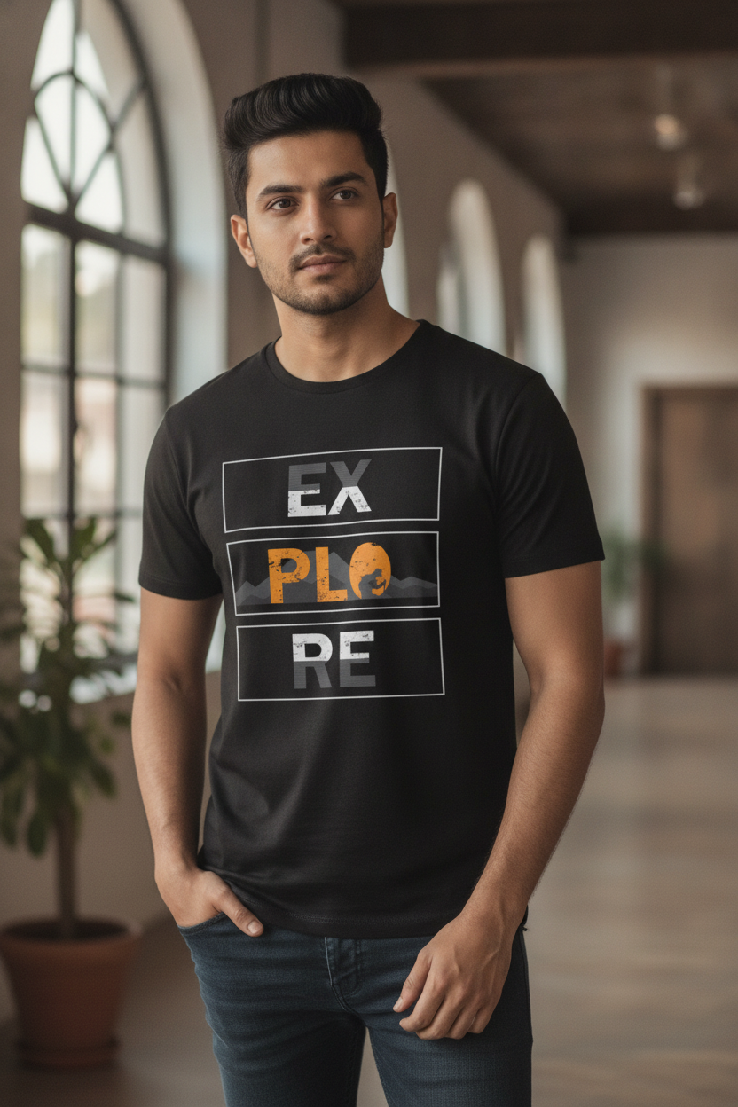 Explore Graphic Printed Black Tshirt