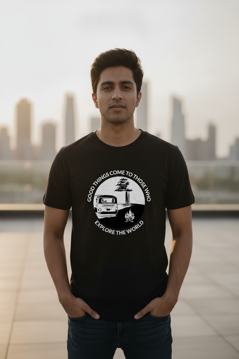 Explore The World Graphic Printed Black Tshirt