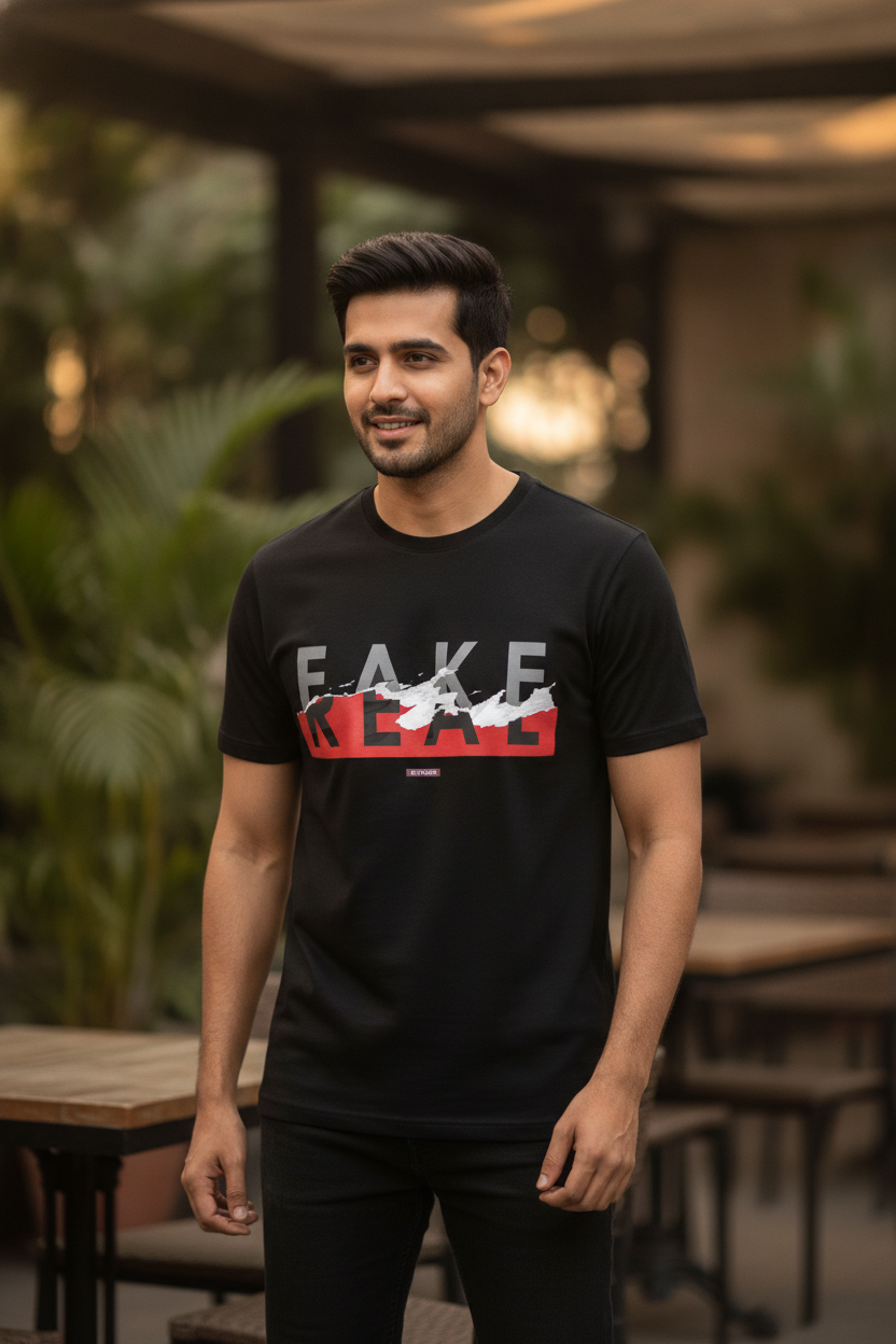 Fake or Real - Torn effect graphic tee black color round neck
