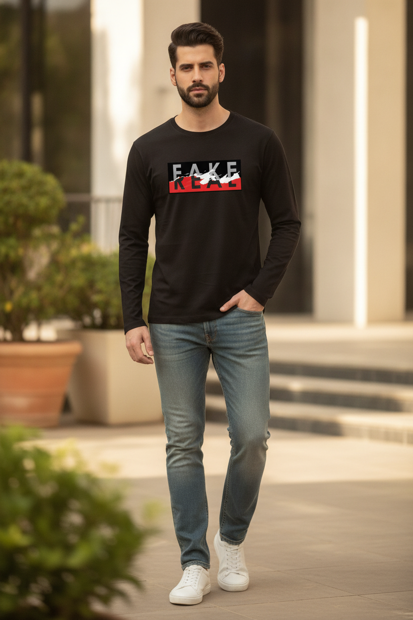 Fake Or Real - Torn Paper Effect Full Sleeves Black T-Shirt