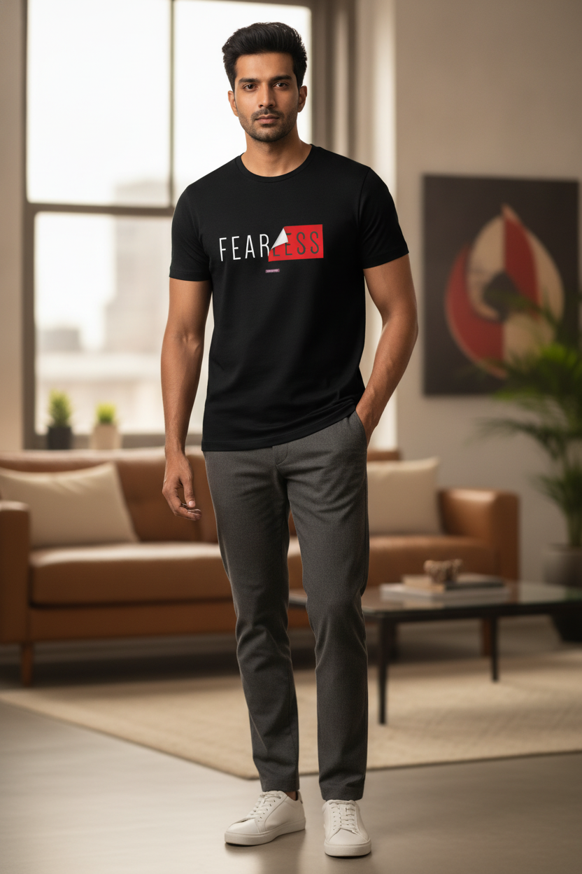 Fearless - Folded paper effect block printed Casual Black T Shirt