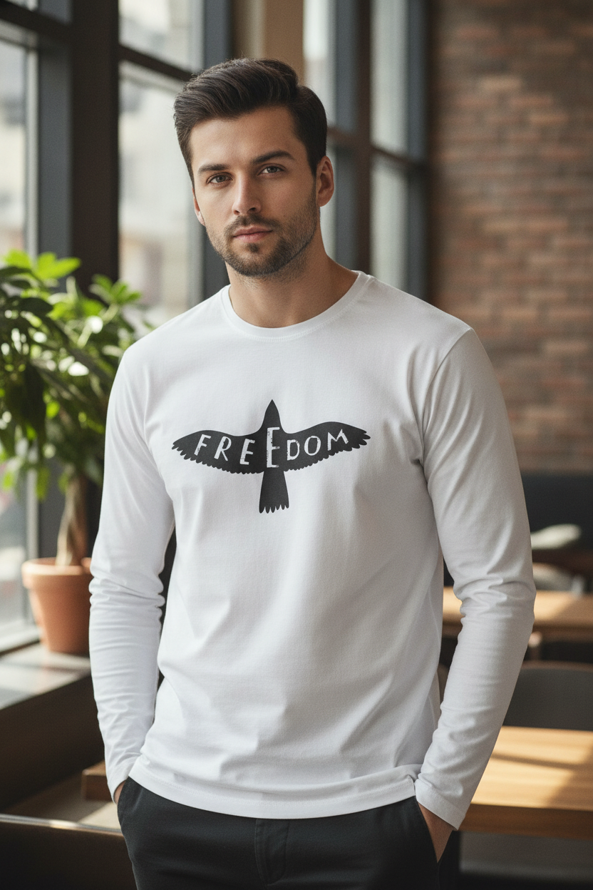 Freedom Bird Printed White Full Sleeve TShirt Cotton