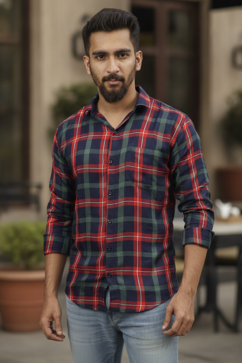 Green and Maroon Checked Slim Fit Shirt