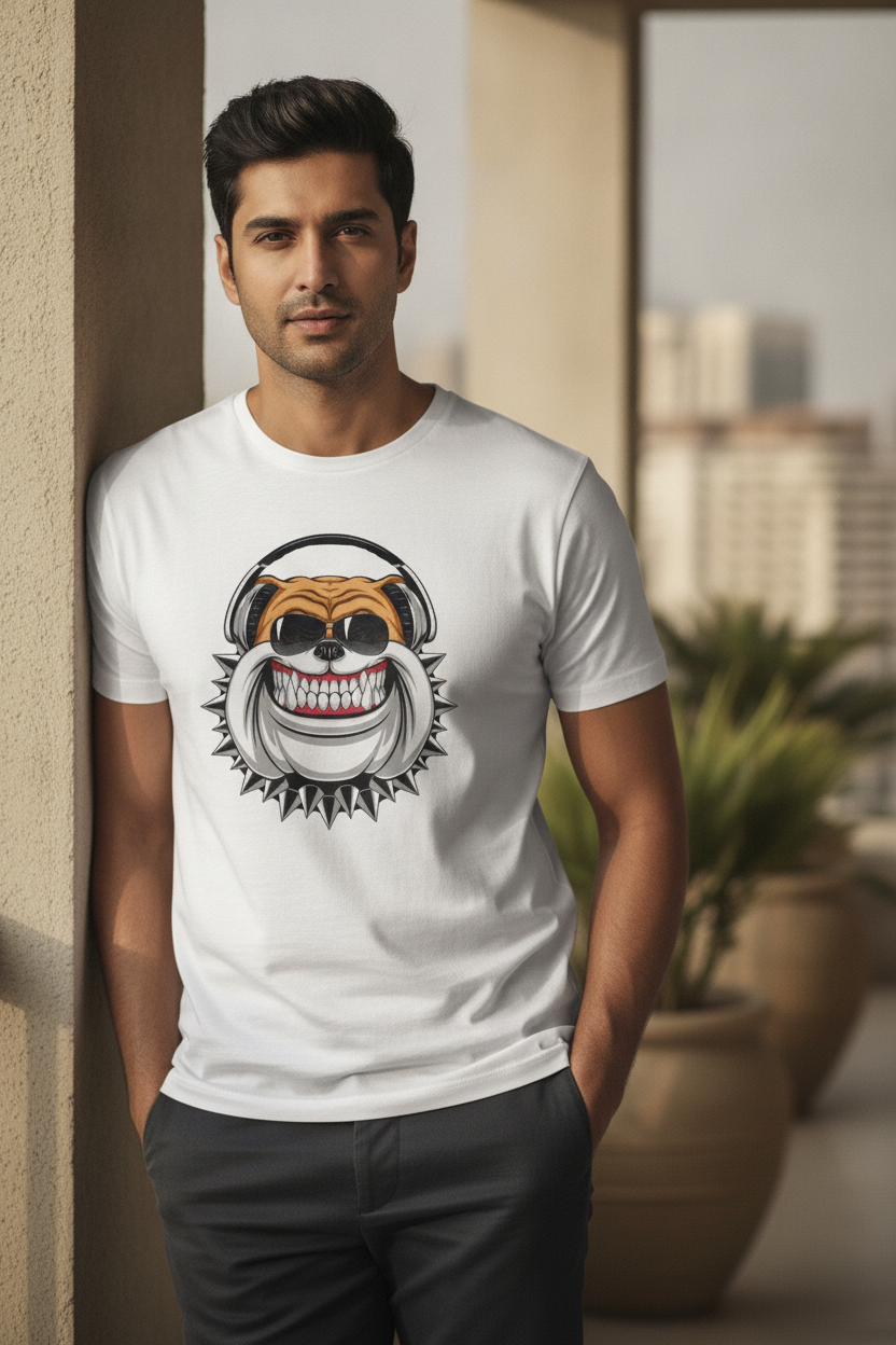 Grinning Dog with headphones and glasses White Casual Cotton Tee