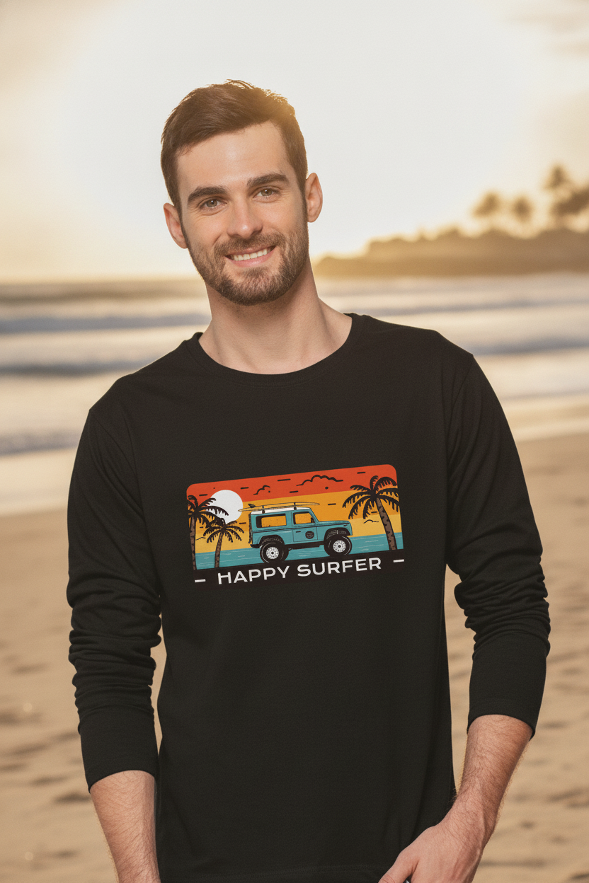 Happy Surfer - Casual Full Sleeve Graphic Printed Black Cotton T-Shirt