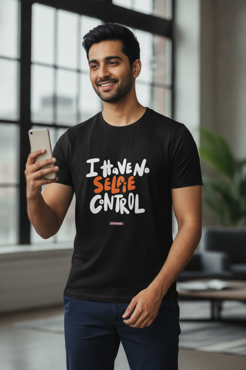 I have no selfie control - Quirky Graphic T-Shirt Black Color