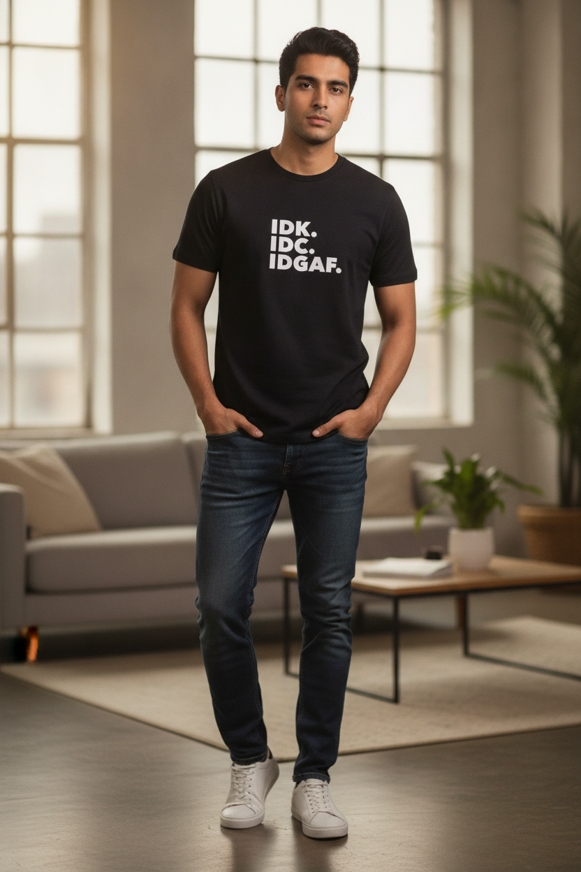 IDK. IDC. IDGAF. - Attitude Tee - Black printed Pure Cotton