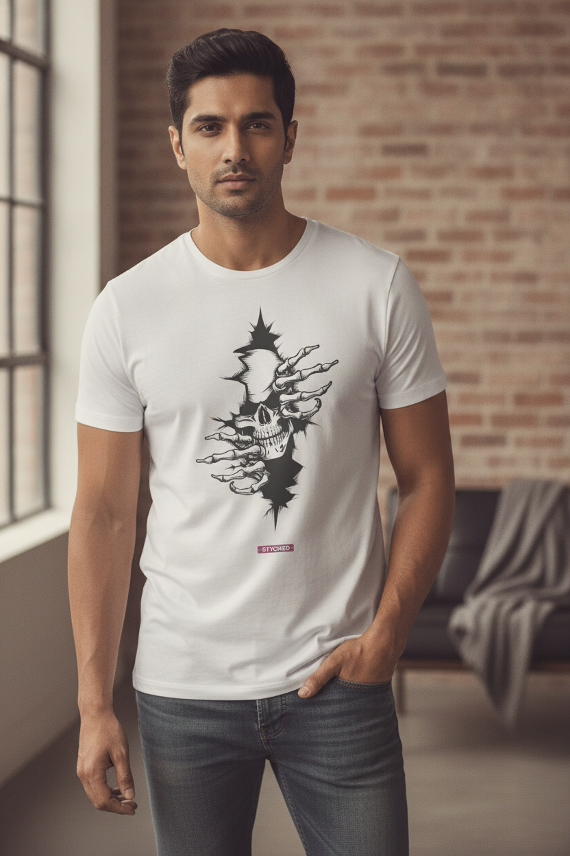 Illusion Print - Skull Tearing out White Casual Tshirt