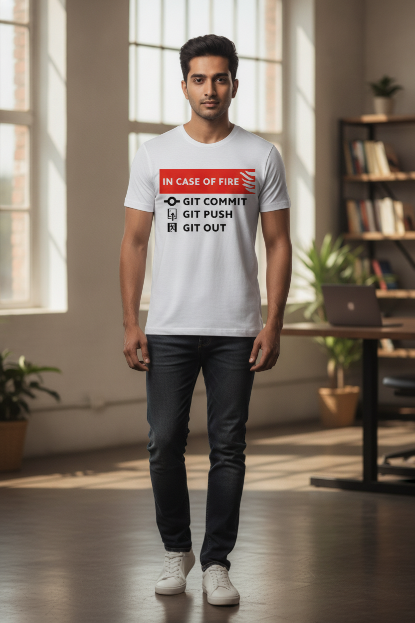 In Case of Fire Git Commit Git Push Git out Quirky White Casual TShirt