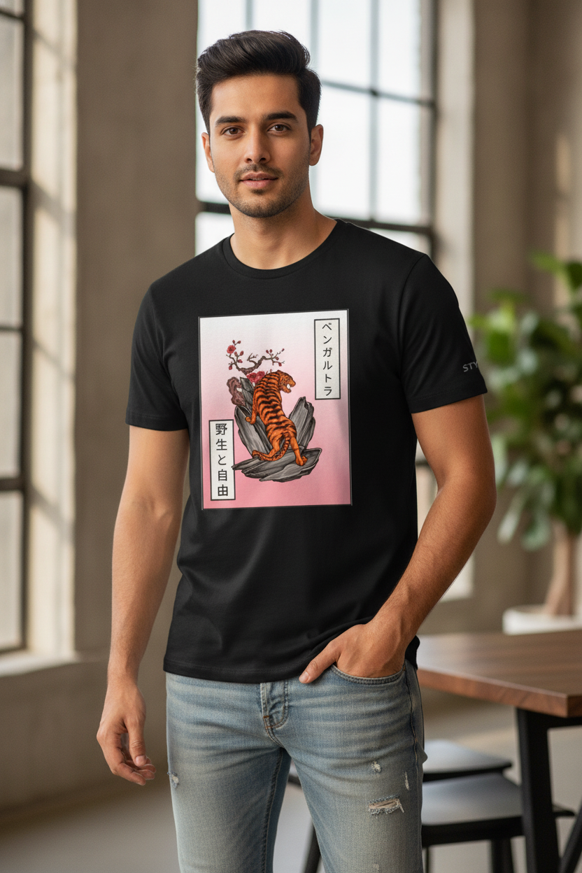 Japanese Tattoo Graphic Printed Black Tshirt