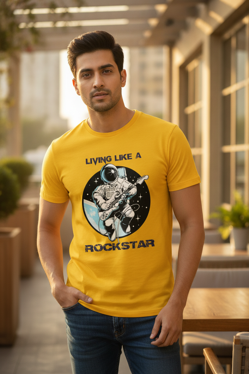 Living Like a Rockstar Graphic Printed Yellow Tshirt