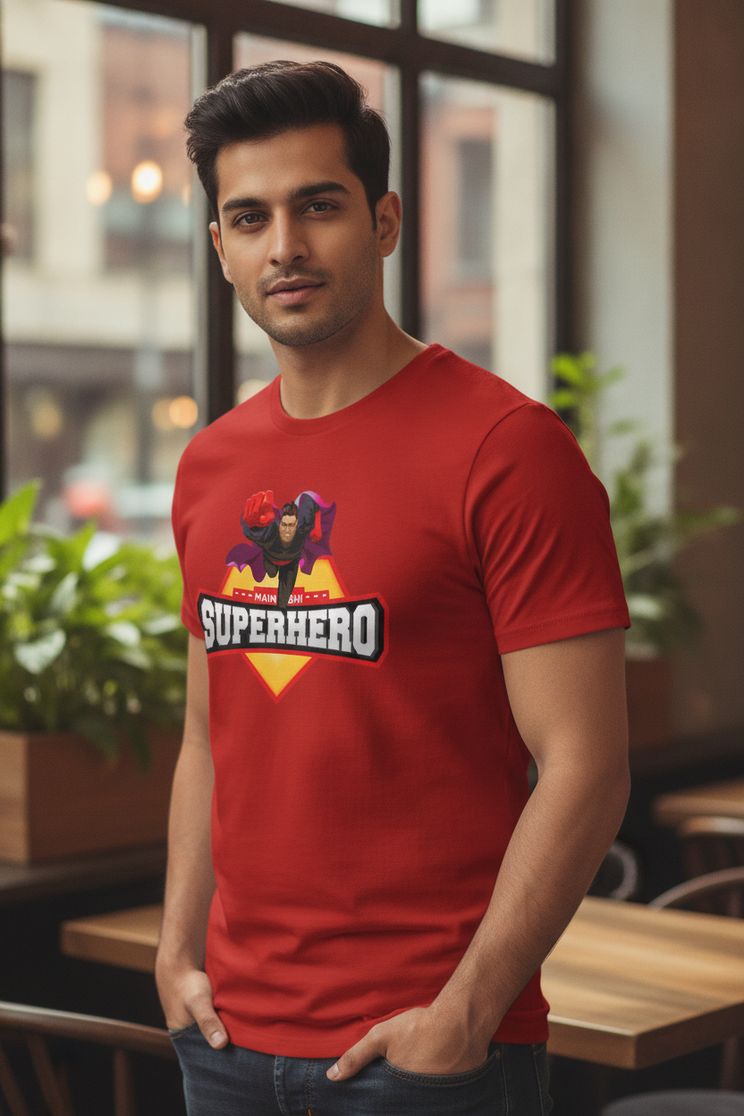 Main Bhi Superhero - Casual biowashed cotton red t-shirt